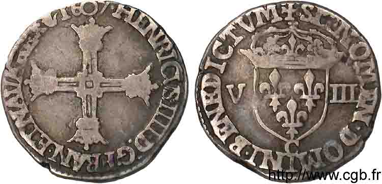HENRY IV Huitième d écu, croix batonnée et couronnée de face 1607 Saint-Lô VF/XF