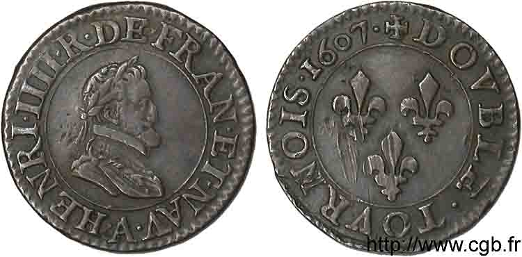 HENRY IV Double tournois, 1er type de Paris (légende française) 1607 Paris, Moulin des Étuves XF