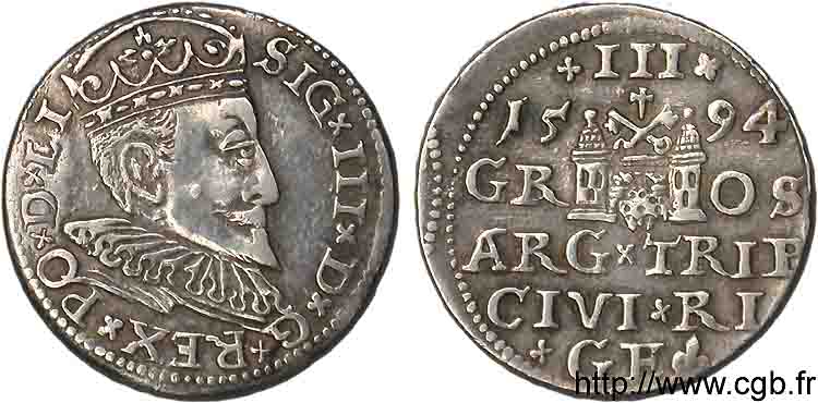 LIVONIA - SIGISMUND III VASA Trois groschen ou trojak ryski 1594 Riga XF