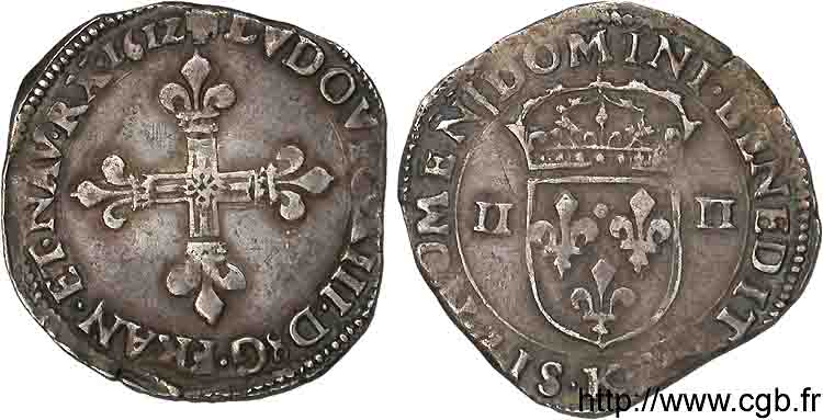 LOUIS XIII LE JUSTE Quart d écu, à la croix fleurdelisée, titulature côté croix 1612 Bordeaux TTB