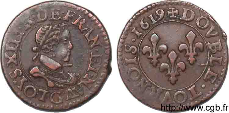 LOUIS XIII LE JUSTE Double tournois, petit buste enfantin au col plat 1619 Poitiers TTB