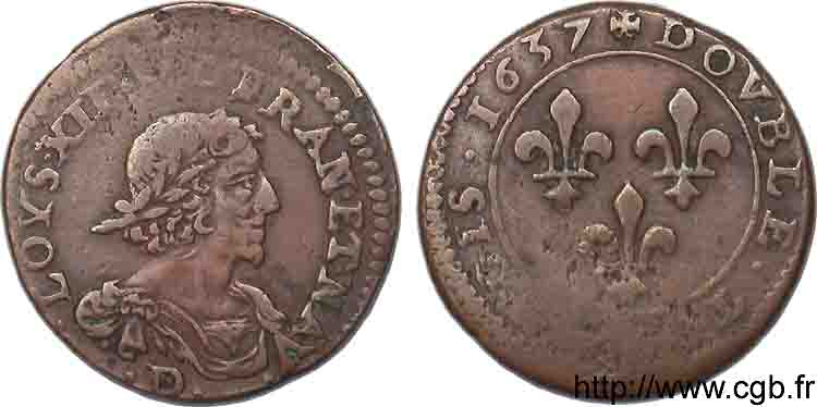 LOUIS XIII LE JUSTE Double tournois au grand buste viril drapé 1637 Lyon TB+