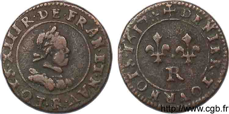 LOUIS XIII LE JUSTE Denier tournois au col plat, type de Villeneuve 1617 Saint-André de Villeneuve-lès-Avignon TB+