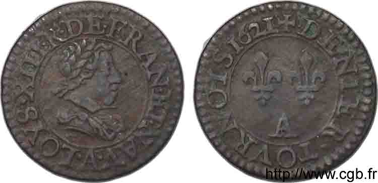 LOUIS XIII LE JUSTE Denier tournois au buste adolescent et au col plat 1621 Paris, Moulin du Louvre TTB