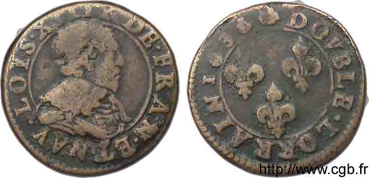 LOUIS XIII  Double lorrain au buste lauré et large avec col à petites languettes 1636 Stenay fSS
