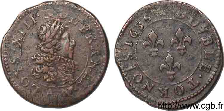 LOUIS XIII  Double tournois, 2e type de Stenay, à la grande fraise 1635 Stenay fSS