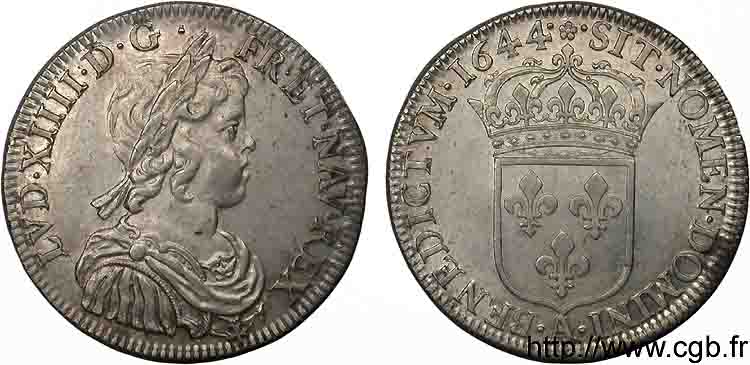 LOUIS XIV LE GRAND OU LE ROI SOLEIL Demi-écu à la mèche courte 1644 Paris, Monnaie de Matignon SUP