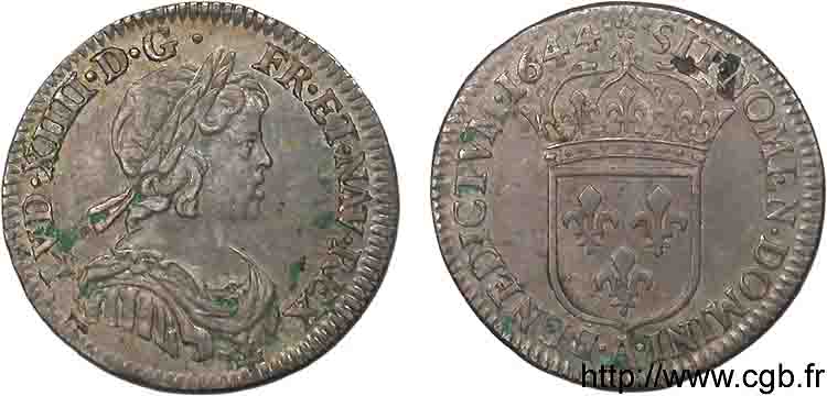 LOUIS XIV  THE SUN KING  Douzième d écu à la mèche courte 1644 Paris, Monnaie de Matignon q.SPL