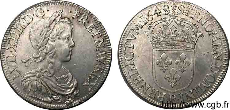 LOUIS XIV LE GRAND OU LE ROI SOLEIL Écu d argent à la mèche longue 1648 Rouen SUP