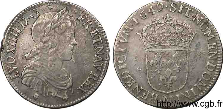 LOUIS XIV LE GRAND OU LE ROI SOLEIL Quart d écu d argent à la mèche longue 1649 Toulouse TTB