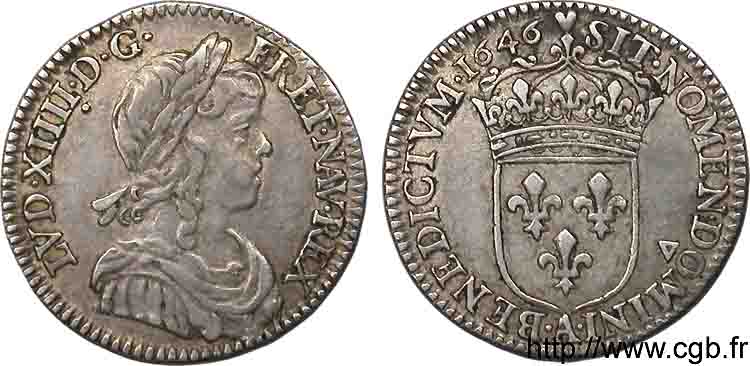 LOUIS XIV  THE SUN KING  Douzième d écu à la mèche longue 1646 Paris XF