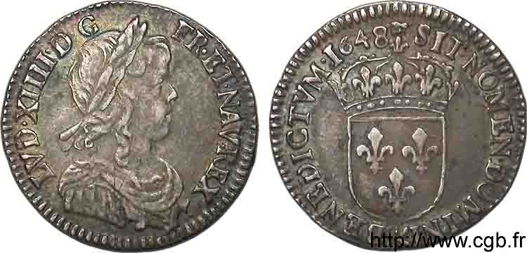 LOUIS XIV  THE SUN KING  Douzième d écu à la mèche longue 1648 Aix-en-Provence XF