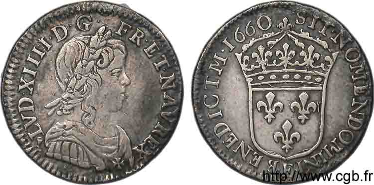 LOUIS XIV  THE SUN KING  Douzième d écu à la mèche longue 1660 Tours XF