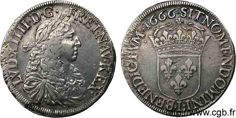 LOUIS XIV LE GRAND OU LE ROI SOLEIL Écu au buste juvénile, 2e type 1666 Bayonne TB+/TTB