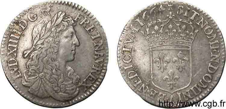 LOUIS XIV  THE SUN KING  Douzième d écu au buste juvénile, 1er type 1664 Paris BB