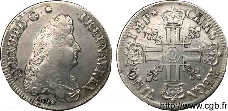 LOUIS XIV  THE SUN KING  Écu aux huit L, 1er type 1692 Riom VF