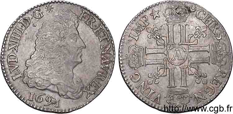 LOUIS XIV  THE SUN KING  Quart d écu aux huit L, 1er type 1691 Paris MBC