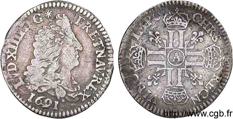 LOUIS XIV  THE SUN KING  Douzième d écu aux huit L, 1er type 1691 Paris BC+