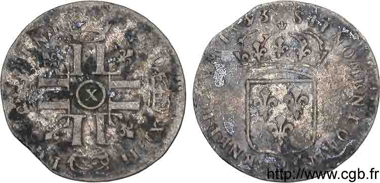 LOUIS XIV LE GRAND OU LE ROI SOLEIL Quinzain aux huit L 1695 Amiens TB+