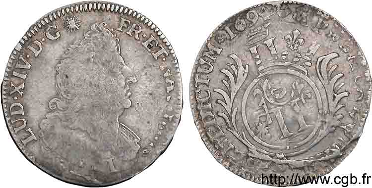 LOUIS XIV LE GRAND OU LE ROI SOLEIL Quart d écu aux palmes 1694 Dijon TB