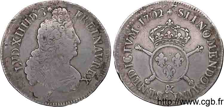 LOUIS XIV  THE SUN KING  Demi-écu aux insignes 1702 Aix-en-Provence q.BB