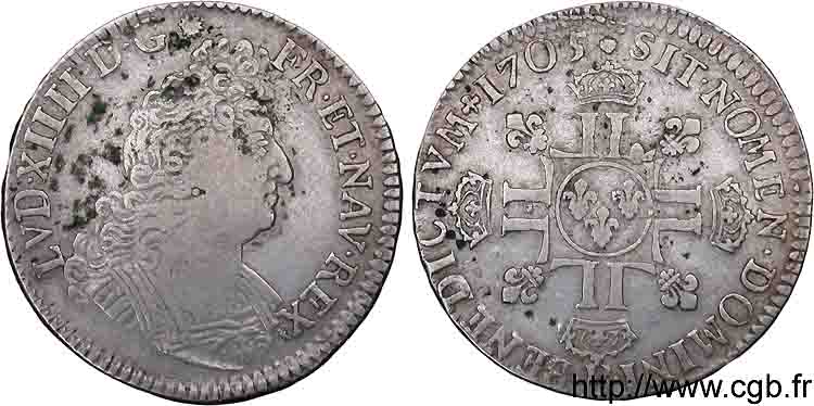 LOUIS XIV  THE SUN KING  Demi-écu aux huit L, 2e type 1705 Rouen q.BB/BB