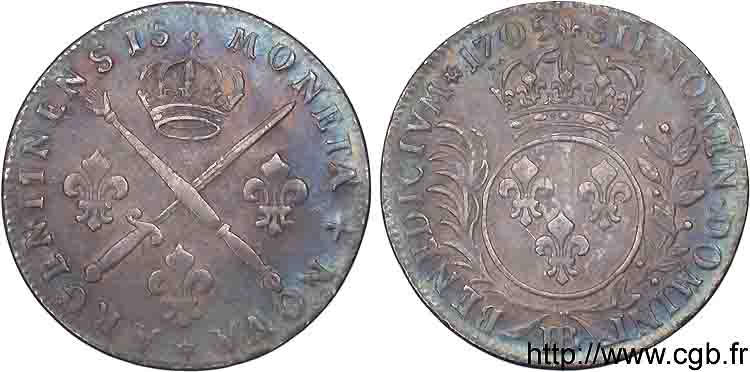 LOUIS XIV  THE SUN KING  Trente-trois sols aux insignes 1705 Strasbourg XF