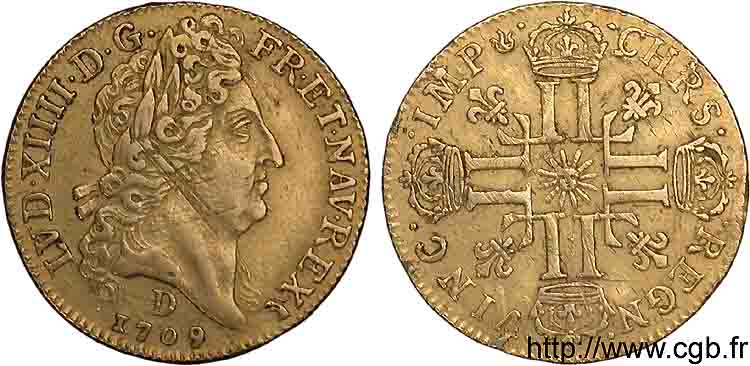LOUIS XIV LE GRAND OU LE ROI SOLEIL Louis d or au soleil 1709 Lyon TTB
