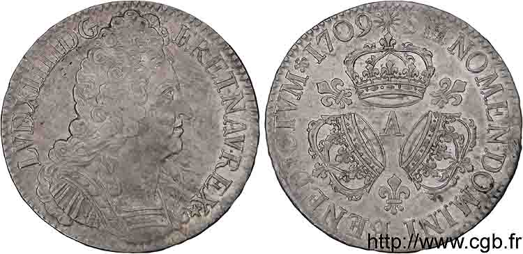 LOUIS XIV LE GRAND OU LE ROI SOLEIL Écu aux trois couronnes 1709 Paris TTB/TTB+