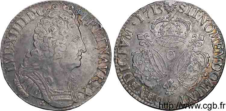 LOUIS XIV &nbsp;THE SUN KING&nbsp; Écu aux trois couronnes 1713 Riom XF/AU