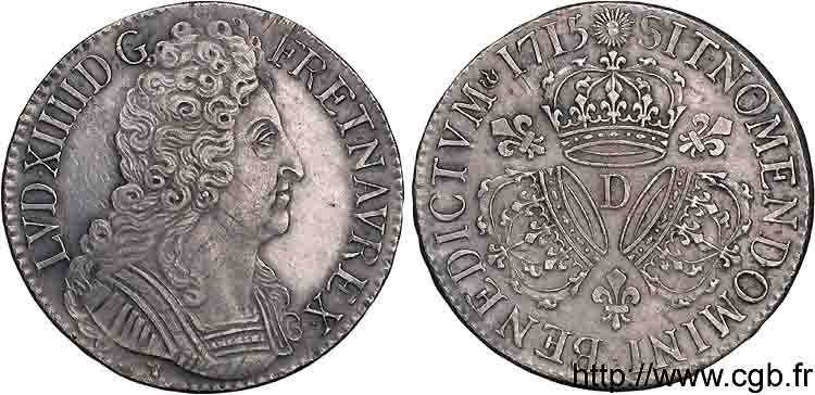 LOUIS XIV  THE SUN KING  Écu aux trois couronnes 1715 Lyon VZ