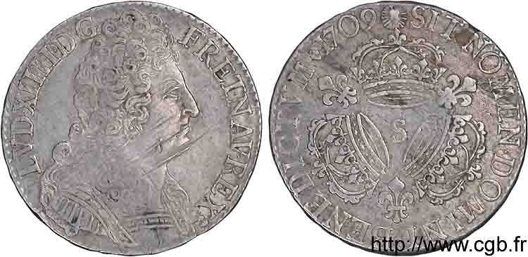 LOUIS XIV  THE SUN KING  Demi-écu aux trois couronnes 1709 Reims XF