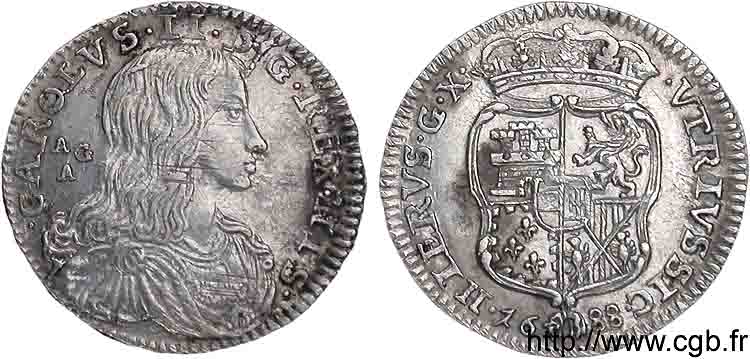ITALY - KINGDOM OF NAPLES - CHARLES II OF SPAIN Carlino 1688 Naples AU