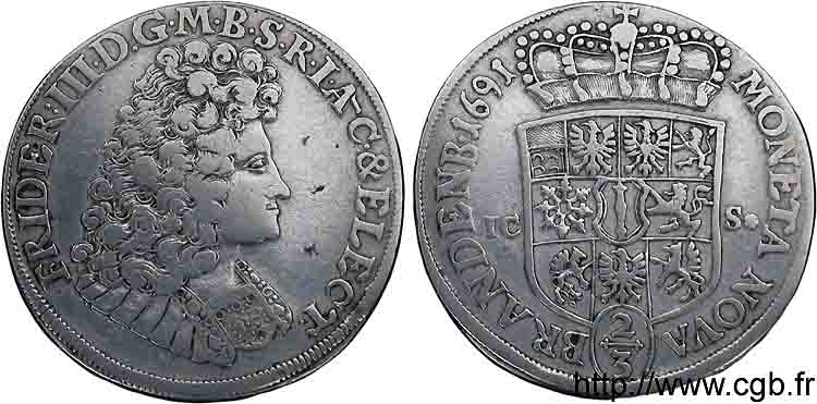 GERMANY - KINGDOM OF PRUSSIA - FREDERICK IST Deux tiers de thaler ou gulden  1691 Magdebourg VF/XF
