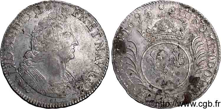 LOUIS XIV  THE SUN KING  Écu aux palmes 1695 Paris XF
