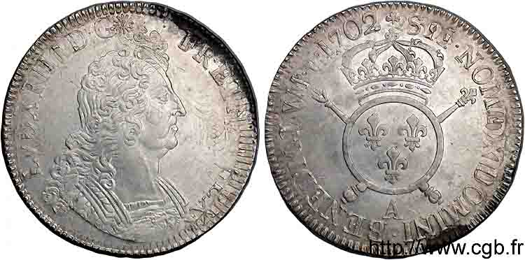 LOUIS XIV  THE SUN KING  Écu aux insignes 1702 Paris AU