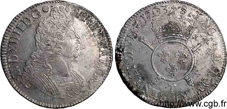 LOUIS XIV LE GRAND OU LE ROI SOLEIL Écu aux insignes 1703 Nantes TTB+