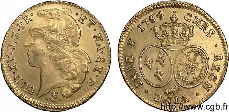 LOUIS XV THE BELOVED Double louis d’or aux écus ovales, tête ceinte d’un bandeau 1754 Pau AU