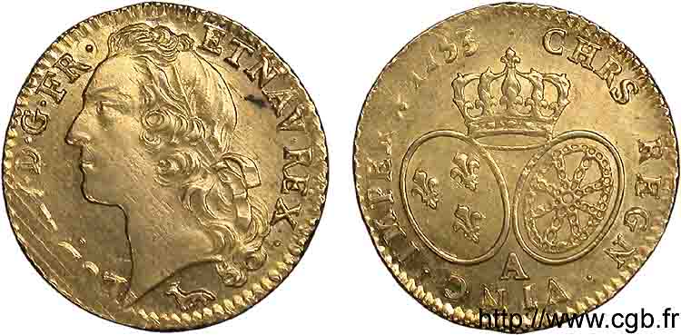 LOUIS XV THE BELOVED Louis d’or aux écus ovales, tête ceinte d’un bandeau 1753 Paris AU