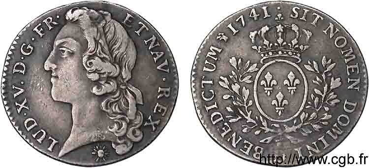 LOUIS XV DIT LE BIEN AIMÉ Cinquième d’écu aux branches d’olivier, tête ceinte d’un bandeau 1741 Lyon TTB