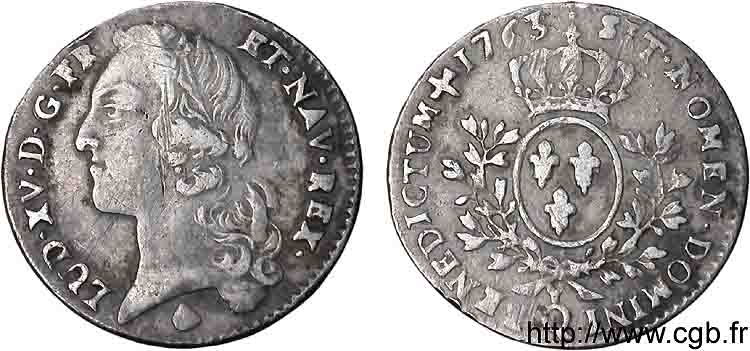 LOUIS XV THE BELOVED Cinquième d’écu aux branches d’olivier, tête ceinte d’un bandeau 1763 Perpignan VF