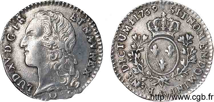 LOUIS XV THE BELOVED Dixième d écu aux branches d’olivier, tête ceinte d’un bandeau 1769 Metz XF