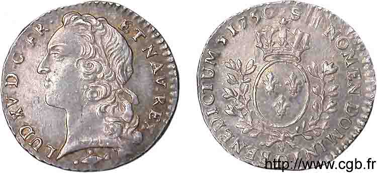 LOUIS XV  THE WELL-BELOVED  Vingtième d écu aux branches d’olivier, tête ceinte d’un bandeau 1750 Lyon VZ