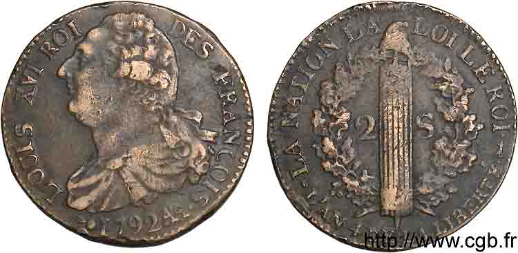 LOUIS XVI 2 sols dit  au faisceau , type FRANÇOIS 1792 Metz SS