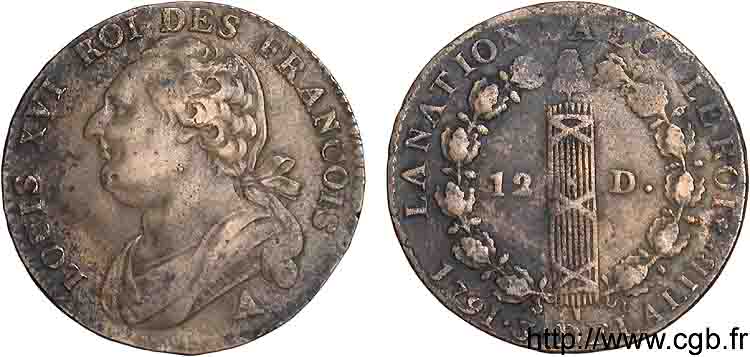 LOUIS XVI 12 deniers dit  au faisceau , type FRANCOIS 1791 Paris, Monnaie du Louvre MBC