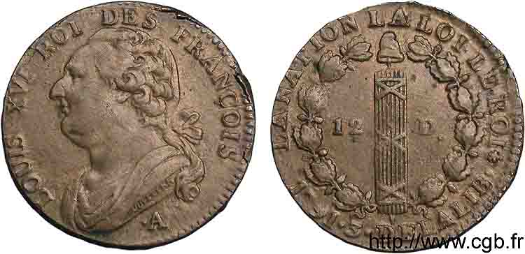 LOUIS XVI 12 deniers dit  au faisceau , type FRANÇOIS 1791 Paris, Monnaie du Louvre VZ