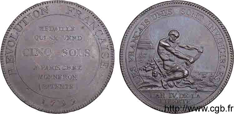 REVOLUTION COINAGE Monneron de 5 sols à l Hercule 1792 Birmingham, Soho EBC