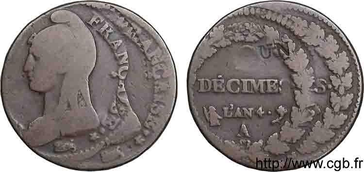 Un décime Dupré, modification du 2 décimes, frappe fautée 1796 Paris F.127/1 var. MB 