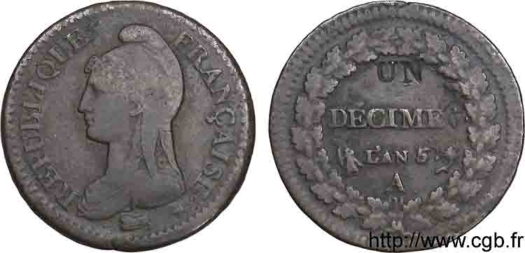 Un décime Dupré, modification du 2 décimes 1797 Paris F.127/5 S 