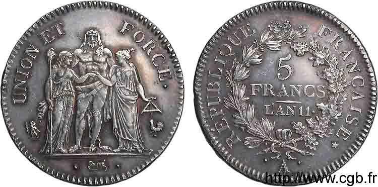 5 francs Union et Force, Union serré, seulement glands intérieurs 1803 Paris F.288/189 EBC 